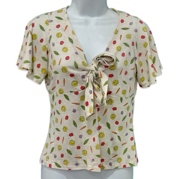 Vintage Tie Front Ivory Vegetable Print Carrot Tomato Peas Lettuce Tee size S - Picture 2 of 10